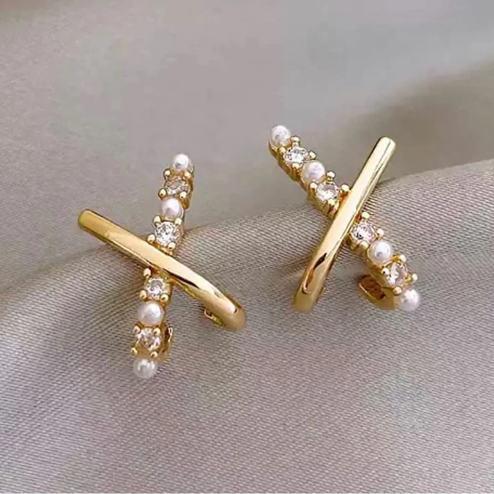 Gold Plated Cross Shaped Pearl and Zircon Stud Earrings - Picture 5 of 9